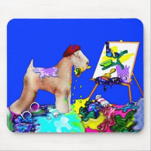 Alfombrilla De Ratón Artista del Terrier del Lado (Bkgd azul)