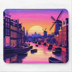 Alfombrilla De Ratón Atardecer colorido de Amsterdam – Canal holandés y