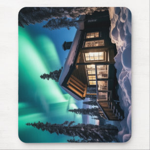 Alfombrilla De Ratón Aurora borealis sobre la cabaña de invierno