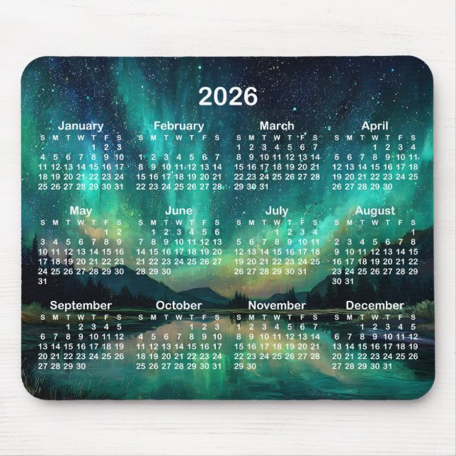 Alfombrilla De Ratón Aurora Night Sky Landscape 2026 Calendar (Frente)