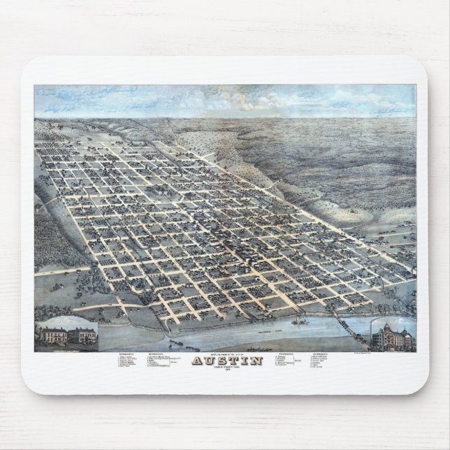 Alfombrilla De Ratón Austin, Texas Antique Aerial City Map de 1873 (Frente)