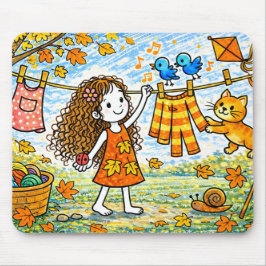 Alfombrilla De Ratón Autumn Girl Cat Clothesline Mouse Pad