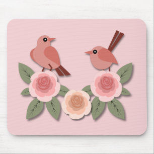 Alfombrilla De Ratón Aves amorosas rosas y Rosas floridos