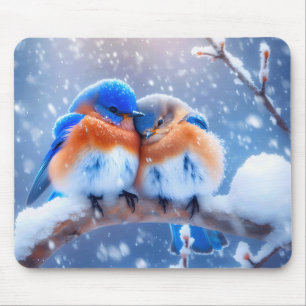 Alfombrilla De Ratón Aves azules en una rama nevada