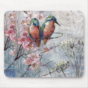 Alfombrilla De Ratón Aves azules y flores pintadas de bonito