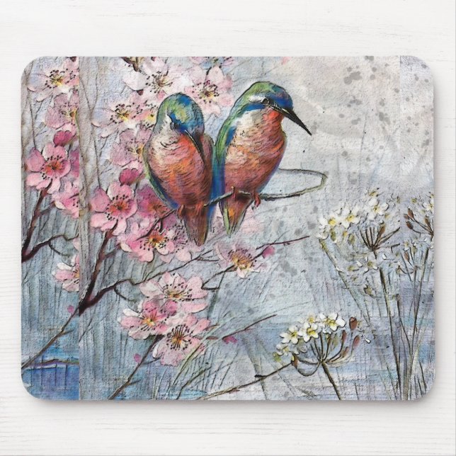 Alfombrilla De Ratón Aves azules y flores pintadas de bonito (Frente)