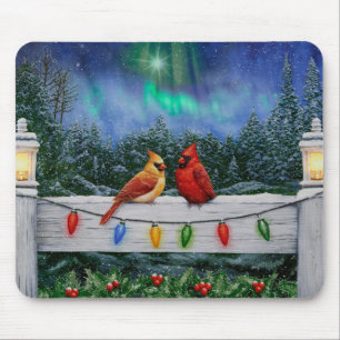 Alfombrilla De Ratón Aves cardenales y luces Navidades