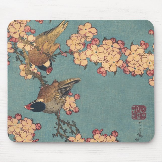 Alfombrilla De Ratón Aves y flores arte japonés floral rosa (Frente)