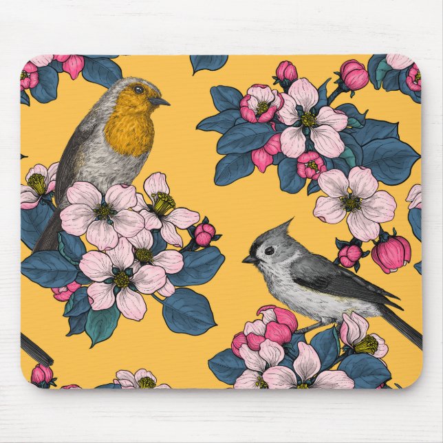 Alfombrilla De Ratón Aves y flores en amarillo (Frente)