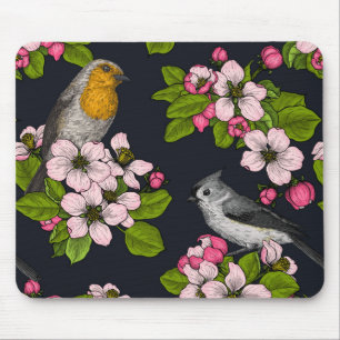 Alfombrilla De Ratón Aves y flores en negro