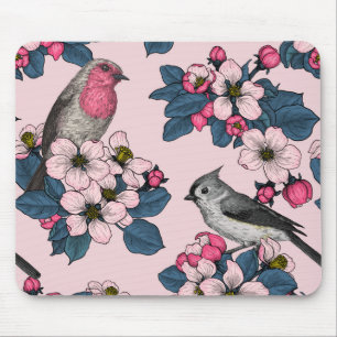 Alfombrilla De Ratón Aves y flores en rosa