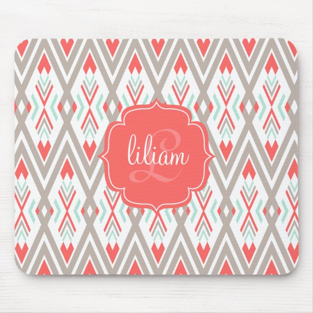 Alfombrilla De Ratón Azteca tribal geométrico coralino moderno (Frente)