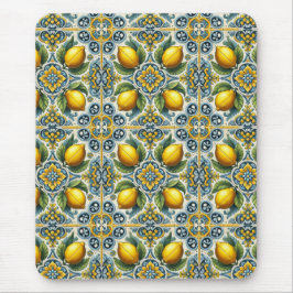 Alfombrilla De Ratón Azul Amarillo Patrón de Baldosa Mediterráneo Limón