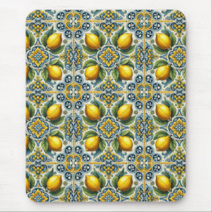 Alfombrilla De Ratón Azul Amarillo Patrón de Baldosa Mediterráneo Limón