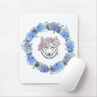 Alfombrilla De Ratón Azul floral cutáneo Hidrangea Wolf Mousepad
