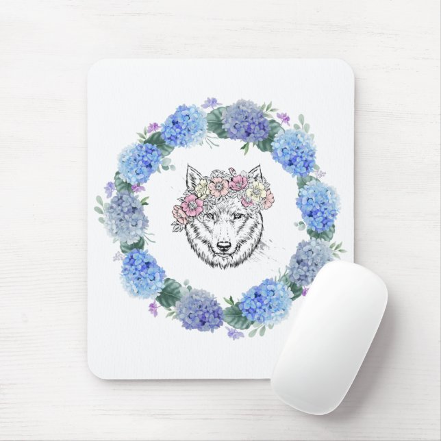 Alfombrilla De Ratón Azul floral cutáneo Hidrangea Wolf Mousepad (Con ratón)