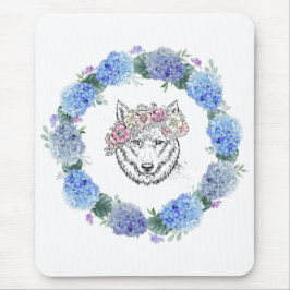 Alfombrilla De Ratón Azul floral cutáneo Hidrangea Wolf Mousepad