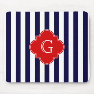Alfombrilla De Ratón Azul Marino Blanco Raya Rojo Cuatro Hojas Monogram