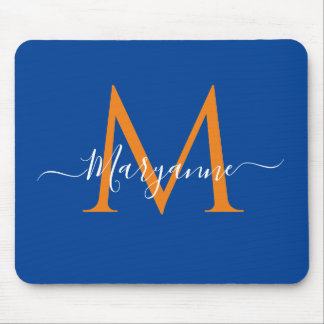 Alfombrilla De Ratón Azul monograma personalizado naranja y azul
