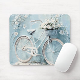 ALFOMBRILLA DE RATÓN AZUL PASTEL CON FLORES BLANCAS Y BICICLETA
