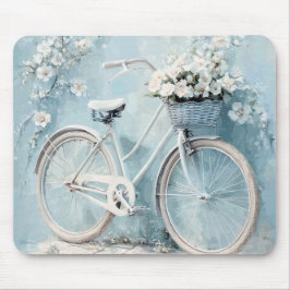 ALFOMBRILLA DE RATÓN AZUL PASTEL CON FLORES BLANCAS Y BICICLETA