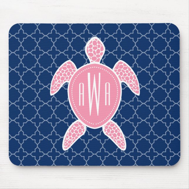 Alfombrilla De Ratón Azul rosado con monograma Quatrefoil de la tortuga (Frente)