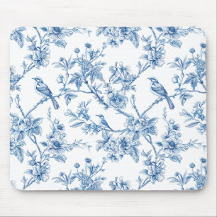 Alfombrilla De Ratón Azul y Blanco Chinoiserie Floral Aves