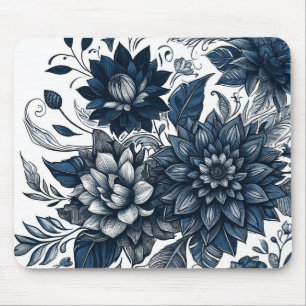 Alfombrilla De Ratón Azul y Blanco Estampado Floral Bohemio