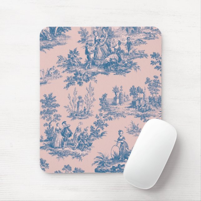 Alfombrilla De Ratón Azulejos de jouy azul y rosa elegante (Con ratón)