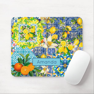 Alfombrilla De Ratón azulejos florales de cítricos sicilianos azul moda