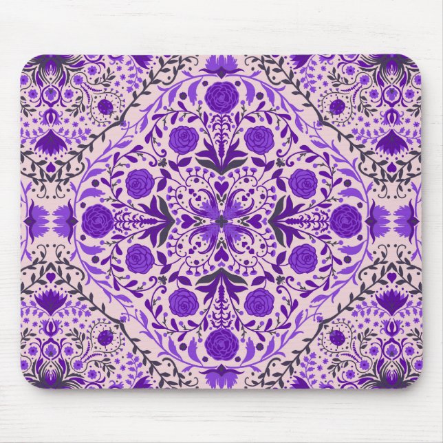 Alfombrilla De Ratón Baldosas florales en rosa violeta y algodón (Frente)