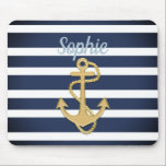 Alfombrilla De Ratón Bandas azules y náuticas de oro<br><div class="desc">Diseño náutico Blue Stripes & Gold Anchor. 
Personalizar a tu gusto; es una plantilla. :)</div>