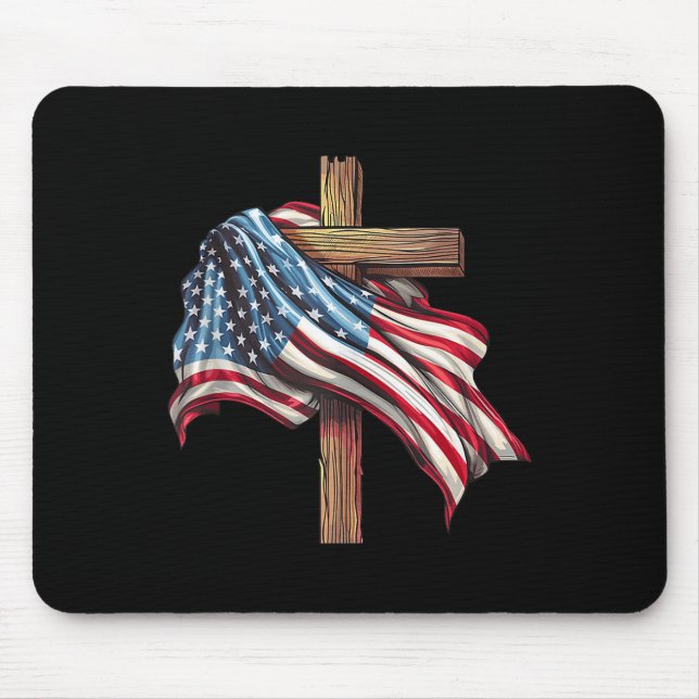 Alfombrilla De Ratón Bandera Cruz Cristiana Jesús 4 De Julio Patriótico (Frente)