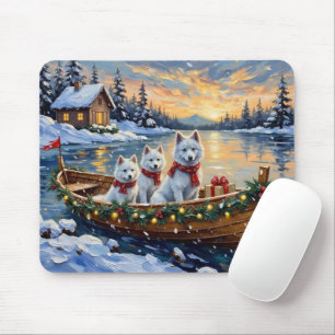 Alfombrilla De Ratón Barco de Navidad de Samoyedo Blanco Fiesta