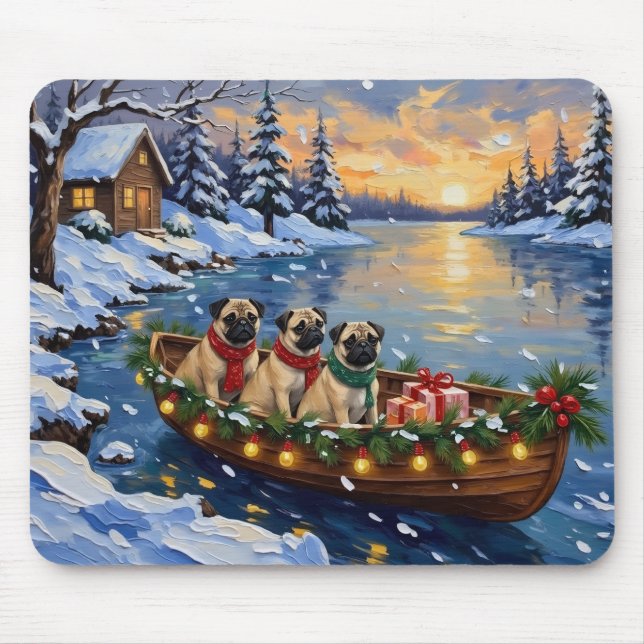 Alfombrilla De Ratón Barco de Navidad Pug Fiesta (Frente)
