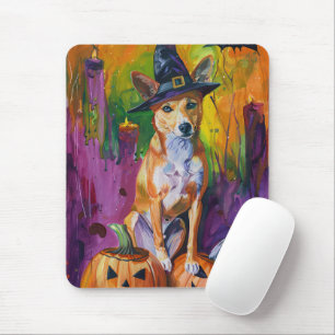 Alfombrilla De Ratón Basenji espeluznante de Halloween Bruja y Calabaza