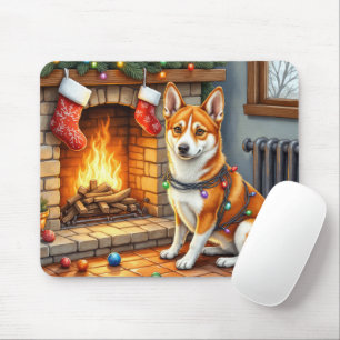 Alfombrilla De Ratón Basenji Sentado junto a la Chimenea con Luces de N