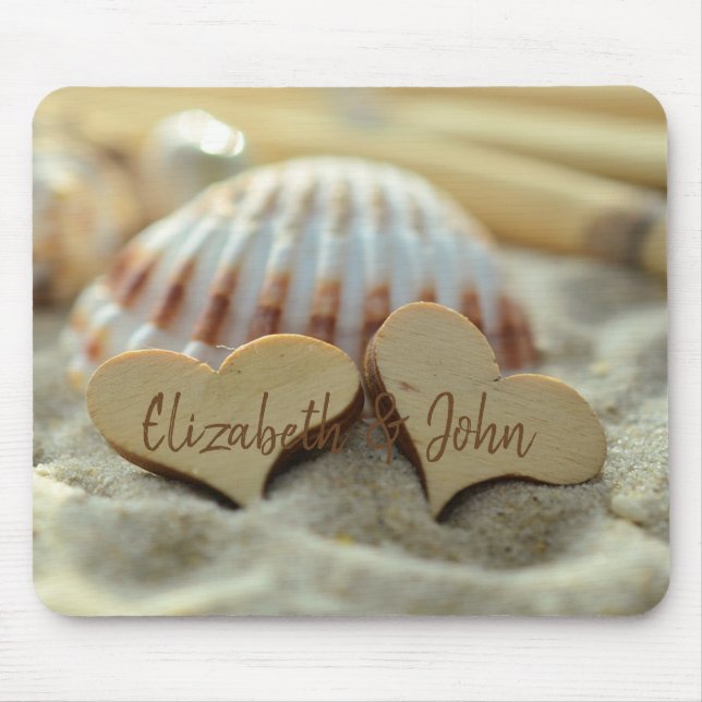Alfombrilla De Ratón Beach, Sand, Seashell, Wood Hearts - Personalizado (Frente)