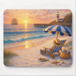 Alfombrilla De Ratón Beach Sunset Lighthouse Scene Mouse Pad<br><div class="desc">Bring a relaxing coastal vibe to your workspace with this beautiful mouse pad featuring a peaceful beach at sunset. A striped beach chair and umbrella sit on soft sand beside gentle ocean waves, while a lighthouse glows in the distance and a sailing ship drifts across the horizon. Warm golden light...</div>