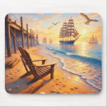 Alfombrilla De Ratón Beach Sunset Sailing Scene Mouse Pad<br><div class="desc">Bring warm coastal beauty to your workspace with this mouse pad featuring a golden beach at sunset, gentle ocean waves, and tall sailing ships on the horizon. A rustic wooden chair rests along the shoreline near a pier, with seashells and driftwood adding natural detail to the sandy scene. Soft sunlight...</div>
