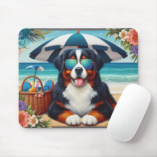 Alfombrilla De Ratón Beachside Bernese Bliss: Perro Guay con gafas de s (Con ratón)