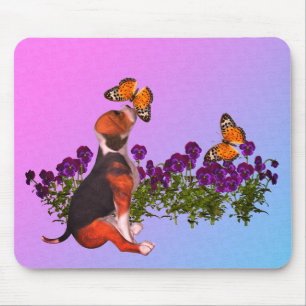 Alfombrilla De Ratón Beagle Puppy Mariposas Pansies