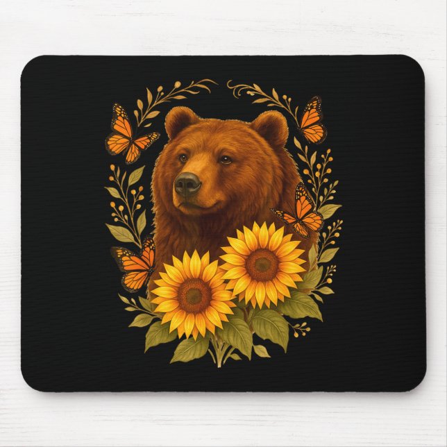 Alfombrilla De Ratón Bear Butterfly Nature Rustic Sunflower Monarch Art (Frente)