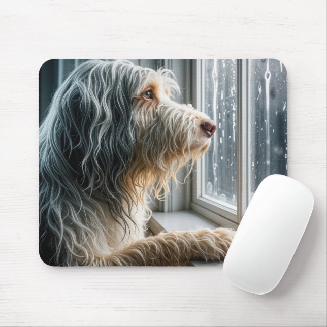 Alfombrilla De Ratón Bearded Collie Looking at a Rainy Window (Con ratón)