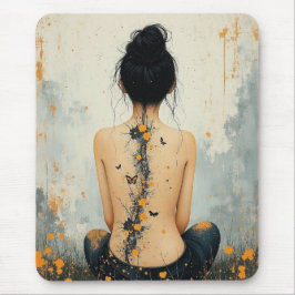 Alfombrilla De Ratón Beautiful Woman, Ink, Wildflowers and Butterflies