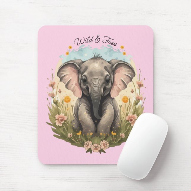 Alfombrilla De Ratón Bebé lindo Elefante Calf Flor silvestre Wanderlust (Con ratón)