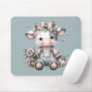 Alfombrilla De Ratón Bebé Vaca Pastel Adorable con Overoles y Flores