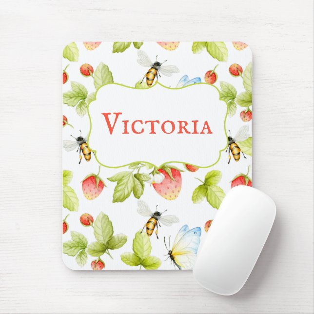 Alfombrilla De Ratón Bebidas fresas mariposas primavera verano (Con ratón)