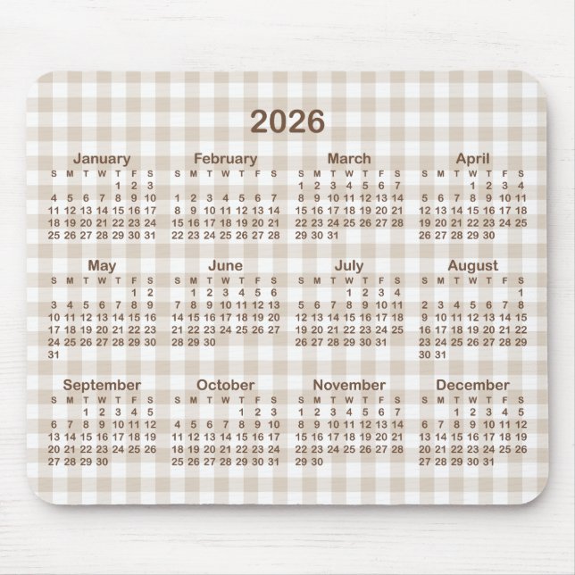 Alfombrilla De Ratón Beige Gingham Plaid Brown 2026 Calendar (Frente)