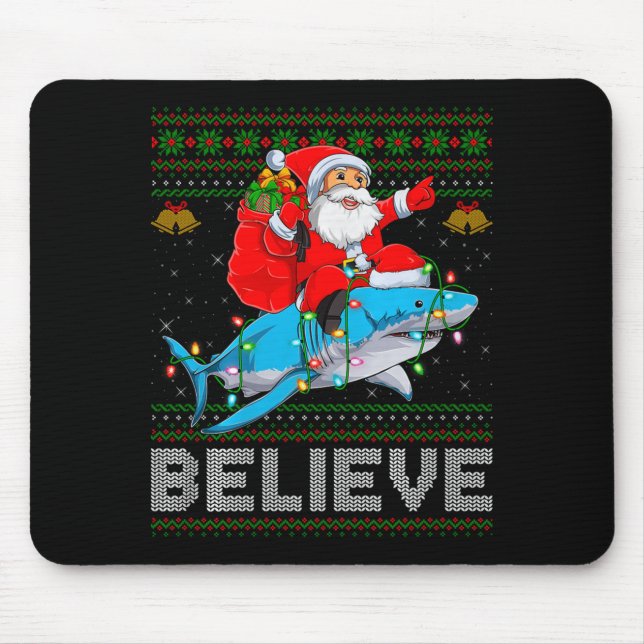 Alfombrilla De Ratón Believe Xmas Funny Santa Riding Shark Ugly Christm (Frente)